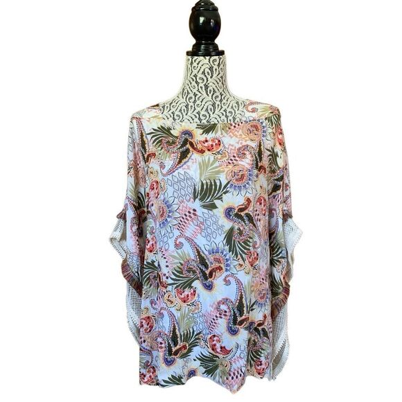 Chico’s Paisley Print Boho Poncho Top Cream Multi Color Size S/M - Picture 1 of 12